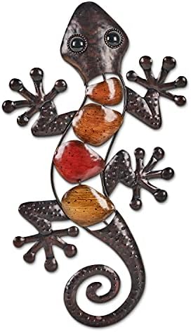 SA Products Garden Wall Art - Bronze Coloured Iron Lizard with Cobblestones - Hanging Gecko Metal Wall Decor for Fence, Porch, Door, Window - Indoor & Outdoor Decorations & Accessories - 38x21x1.5cm