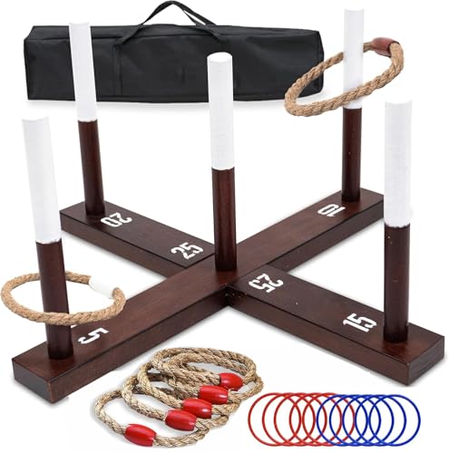 TUAHOO Quoits Gartenspiel, Outdoor Ringwurfspiel für Erwachsene Familie Party Acitivities Holz Quoits Set mit 6 Seil & 10 Kunststoffringen, Familienrasenspiele