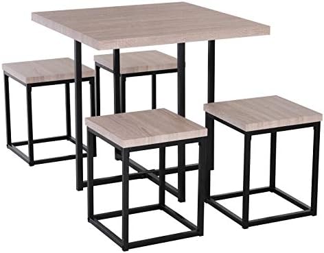 HOMCOM 5 Piece Dining Table Set, Square Kitchen Table Set with Stools for Small Space, Breakfast Nook, Natural Wood Color