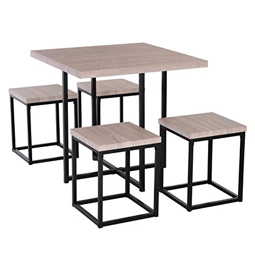 Homcom 5 Piece Dining Table Set, Square Kitchen Table Set With Stools For Small Space, Breakfast Nook, Natural Wood Color #TOP23