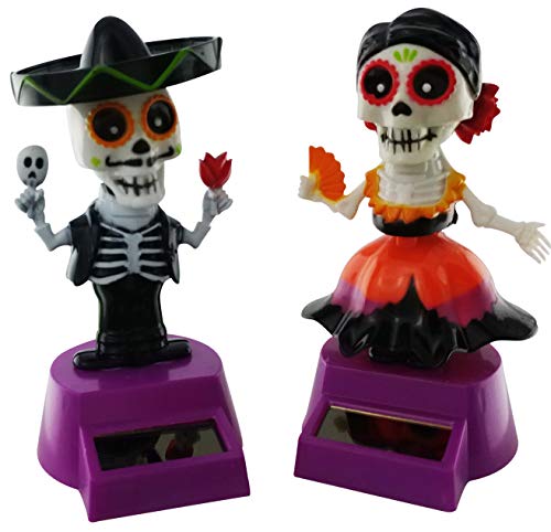 Midwood Brothers Halloween Solar Powered Dancing Toys - Sugar Skull Skeleton Day of The Dead Mail and Female Bobble Head Party Dancers (Set of 2)