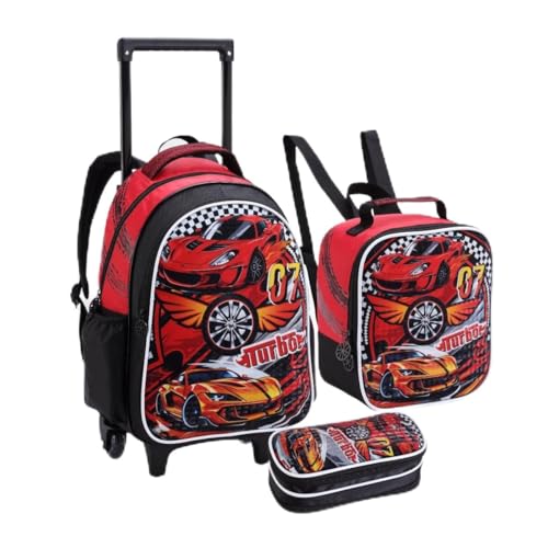 Kit Mochila Rodinha Menino Carros Escolar Reforçada Grande Lancheira e Estojo