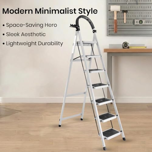 Image of White 7 Step Ladder for Home Use with Built-in Tool Tray | Heavy Duty D Shape Rods | Ultra Large Platform | Wide Rubber Feet | 150Kg Capacity Foldable Ladder - 7 Years Warranty