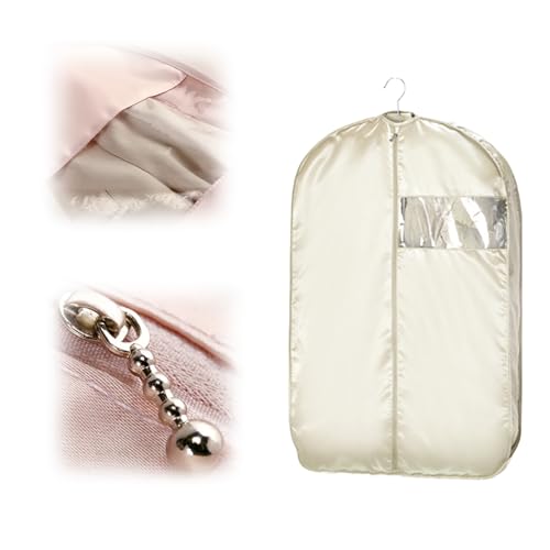 Space Saving Hanging Garment Bag with Self Compression Zipper, 2025 Upgraded Dust Cover Clothes Bags for Down Coat, Space Saver Closet Organizers, Dustproof Clothes Storage (Beige, Medium)