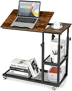 COSTWAY Industrial Sofa Side Table, Height Adjustable Mobile Laptop Desk with Casters and Storage Shelves, Home Office Living Room Bedroom C-Shaped Coffee End Table (with Tilting Top)