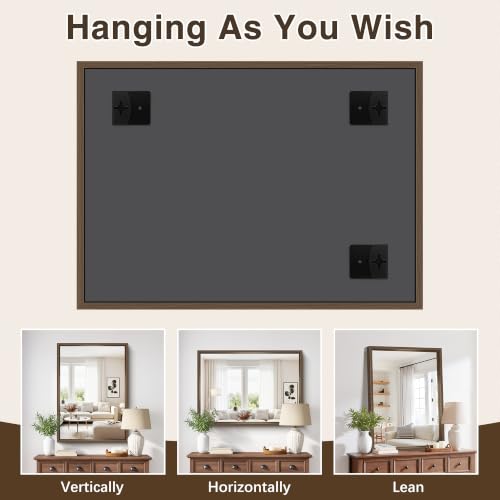 Image of Bathroom Mirror, 30 x 42 inch Walnut Wood Grain Colored Aluminum Metal Frame Bathroom Vanity Mirror, Rectangle Wall Mirror for Bedroom Living Room, Tempered Glass, Horizontal or Vertical