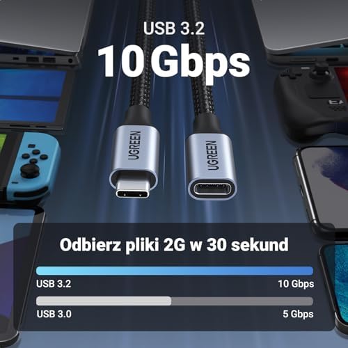 UGREEN Przedłużacz USB typu C 3.1 Gen 2 USB-C 100W/4K 60Hz kompatybilny z iPhone 15 Pro Max, M2 MacBook Pro/Air XPS 15 Galaxy S23 S22 Steam Deck Switch konsole itp. (1m)