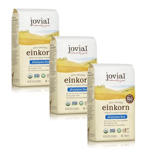 Jovial Organic Einkorn Unbleached All Purpose Flour - Bread Baking Flour for Sourdough, High Protein, Non-GMO, Organic Pizza & Pasta, European Italian, Glyphosate Free - 32 Oz, 3 Pack