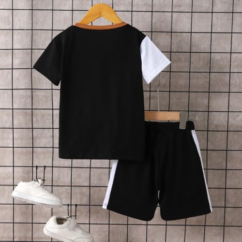 Image of Ayzozuy Boy Clothes Colorblock Top + Drawstring Waist Shorts 2 Pieces Kid Summer Outfits Set