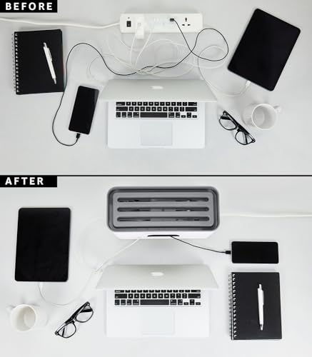 Image of Amazon Basics - Cable Management Box with Mobile Stand - Power Strip, Cords, Wires | Surge Protector Hiding Cover Organizer for Home, Office (White)