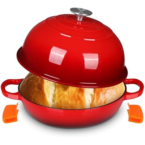 LIFERUN 6qt Enameled Cast Iron Dutch Oven for Sourdough Bread Baking, Non-Stick Dome-Shaped Bread Oven Pot with Lid, Silicone Handles and Scraper, Red Cover