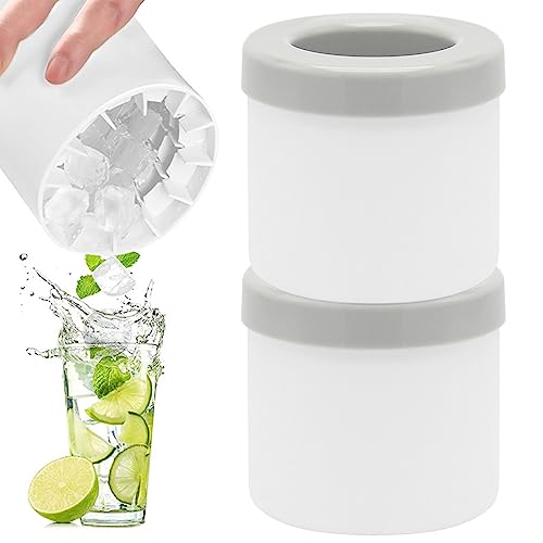 Silicone Ice Bucket,Cube Moulds TAIZER 2PCS Silicone Ice Bucket Maker Ice Cube Tray with Lid Small Ice Cube Tray Ice Lattice Ice Cube Mold Ice Trays Cylinder Ice Storage Box (Grey)