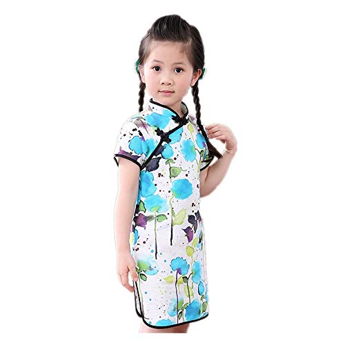 Foral Baby Girls Dress New Year Qipao Vintage Chinese Cheongsam Princess Costume (Ink Blue, 4)