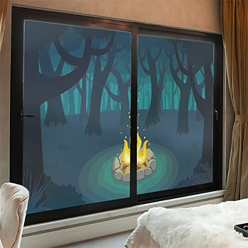 Blue Teal Non Adhesive Privacy Window Film, Static Cling Glass Film, Frosted Window Cling, Removable Heat Control Anti Uv Decorative Door Film Happy Camper Cartoon Illustration 23.6Wx35.4L-Inch X2 Pcs #TOP2