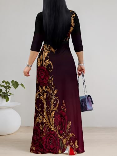 Image of Women's V Neck Floral Maxi Dress 3 /4 Sleeve Plus Size Boho Wrap Flowy Long Dresses with Belt