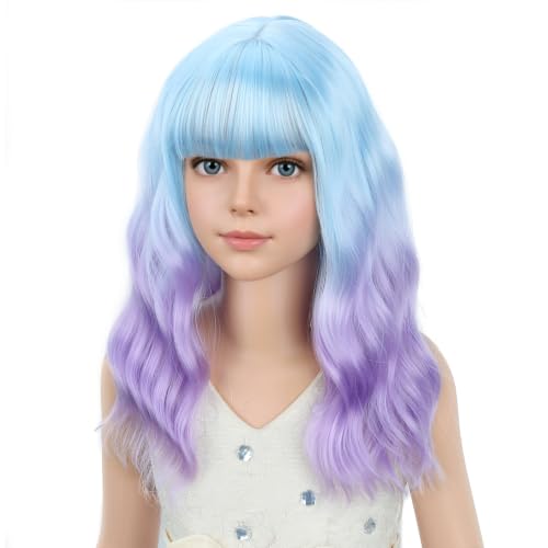 Image of PATTNIUM Girls Blue Ombre Purple Wig with Bangs Kids Short Wavy Curly Wig Blue and Purple Bob Wigs Synthetic Halloween Costume Cosplay Party Wigs