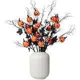 CAYOREPO 6 Pack Halloween Stems with Pumpkins & Black Maple Leaves β Faux Curly Willow Branches & Decorative Twigs for DIY Crafts, Home & Party Decoration