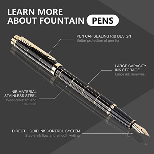 Tiankool Luxury Fountain Pen,Fine Nib, Exquisite Pen Gift Set for Men&Women-Includes 10 Ink Cartridges&Ink Converter- Nice Pens - Black - Gold Plaid - Thumbnail 2