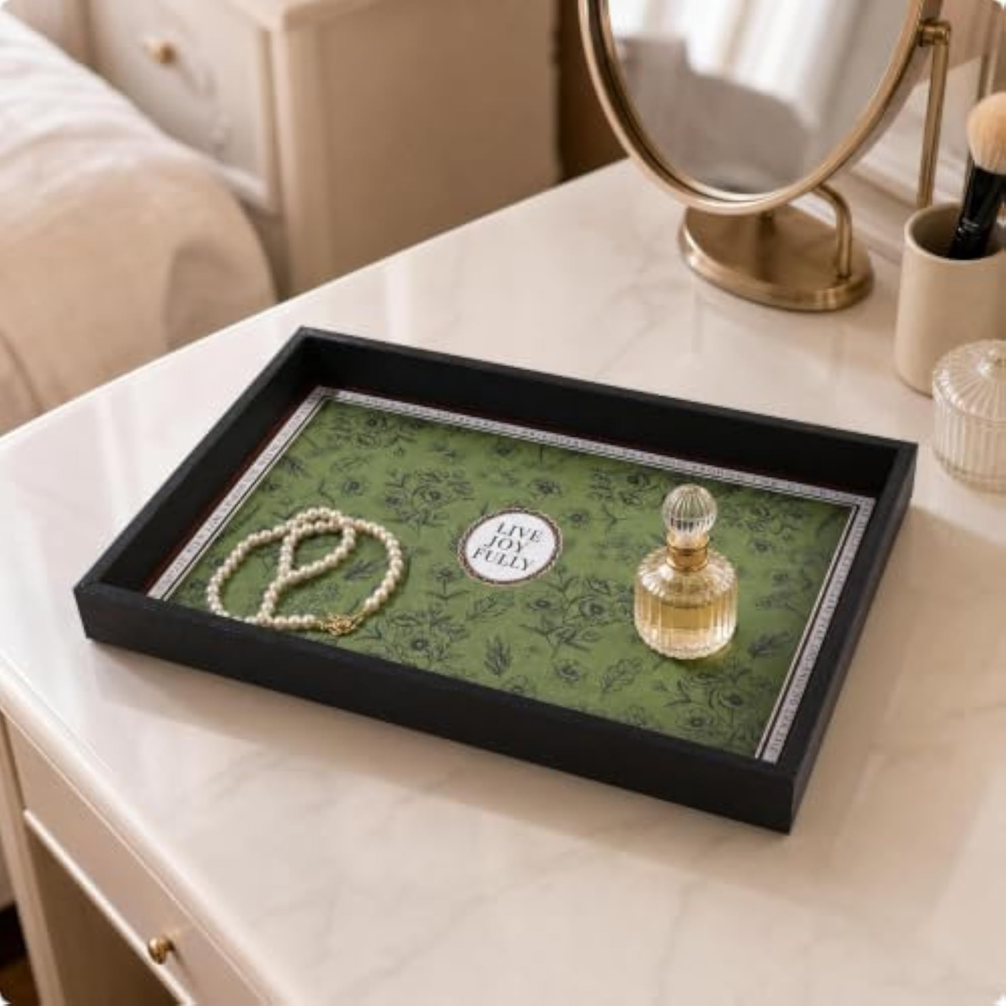 Wooden Tray with Leather Surface, Decorative Rectangular Tray