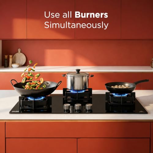 Image of Glen 77 CM 3 Burner Auto Ignition Glass Hob | 2 Triple Ring Forged Brass Burners | Built-in Gas Hob | Toughened Black Glass | 2 Years Standard Warranty & 5 Years Warranty | BH1073DFHT2TR77