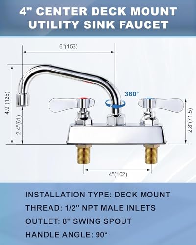 Image of Commercial Utility Sink Faucet 4 inch Center,Dual Handle 6 inch Swivel Spout Laundry Sink Faucet,Brass Construction Chrome Polished,Deck Mount Laundry Faucets for Utility Sink,Garage,Bar