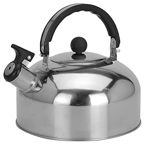 OrionMart Whistling Kettle 2L Camping Kettle for Gas Stove - Stainless Steel Gas Kettle with Ergonomic Folding Handle - Tea Coffee Portable Stove Kettle for Camp Fire Travel Cover