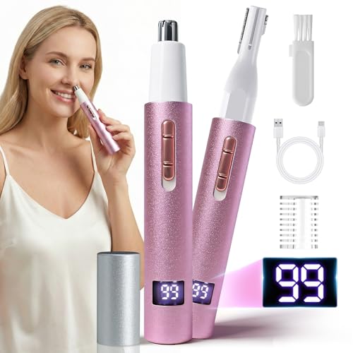 Image of Nose & Ear Hair Trimmer for Women and Men, 2026 Painless USB Rechargeable Facial & Eyebrow Trimmer Clipper with LED Display for Easy Cleansing, Portable Grooming Kit,Gift Box Included (Pink)