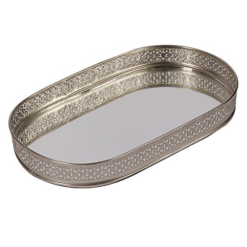 Image of Craft Brio -A TRENDY HANDICRAFTS Oval Glass Mirror Silver Plated Tray Decorative Vanity Perfume Storage Pooja Wedding Gifting Metal Laser Cutting Trays (28 X 16 cm)