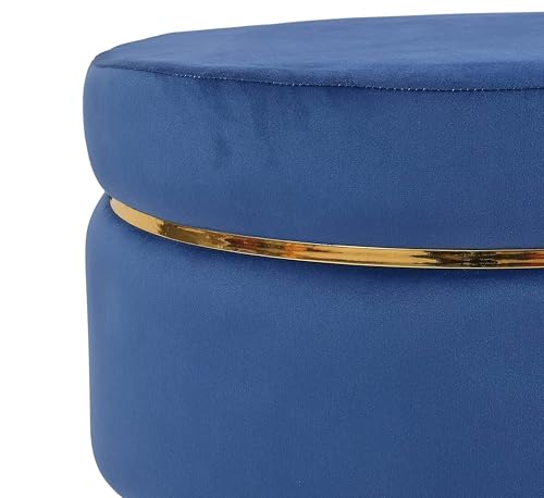 Image of Living Room Round Wooden Velvet Ottoman with Footrest and Linen Fabric Padded Seat Pouffe Ottoman with Round Shape and Office Stool- Blue