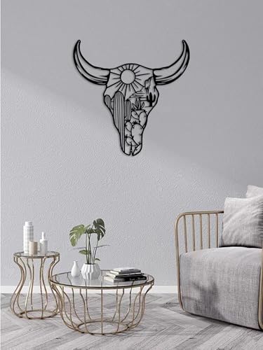 Image of RESACO Cow Skull Metal Wall Art Western Wall Decor Western Home Decorations Southwestern Decor Desert Wall Sculptures for Living Room Bathroom Indoor Outdoor (Black 13in x13in)