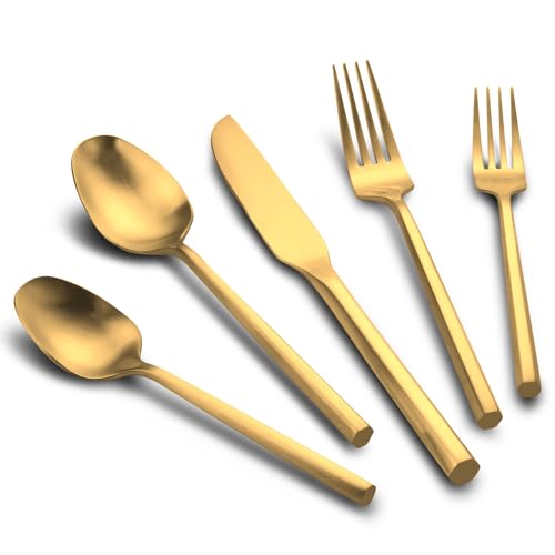 Kelenfer Matte Gold Silverware Set Hexagon Handle 30-Piece Service for 6