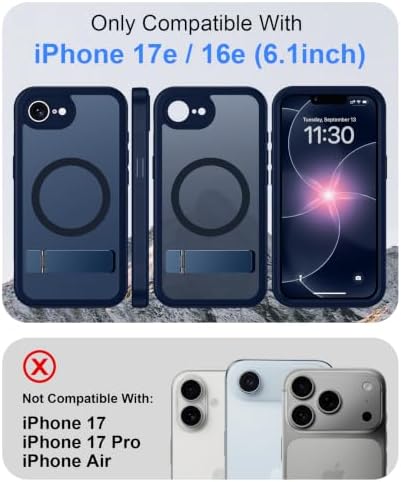 WAVELIFE for iPhone 17e Case & iPhone 16e Case, Built-in Kickstand,Included Glass Screen Protector, Compatible with MagSafe, Military Grade Shockproof, Full-Body Bumper Matte Phone Cover 6.1" -Blue - 1