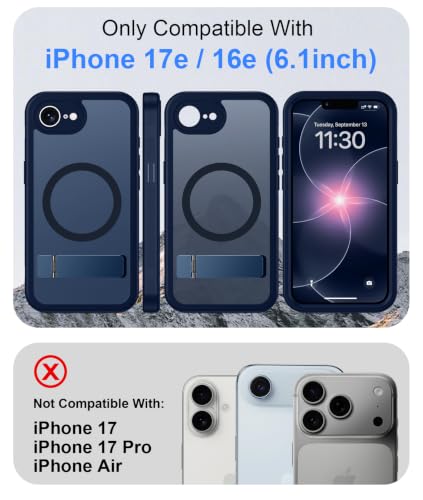 WAVELIFE for iPhone 17e Case & iPhone 16e Case, Built-in Kickstand,Included Glass Screen Protector, Compatible with MagSafe, Military Grade Shockproof, Full-Body Bumper Matte Phone Cover 6.1" -Blue