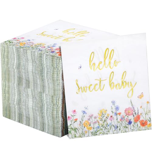 Crtiin 100 Pcs Baby Shower Napkins Gold Foil Floral Paper 2 Ply Disposable Wildflower Spring Butterfly Dessert Dinner Hand Napkins for Baby Shower Birthday Wedding Party Decoration