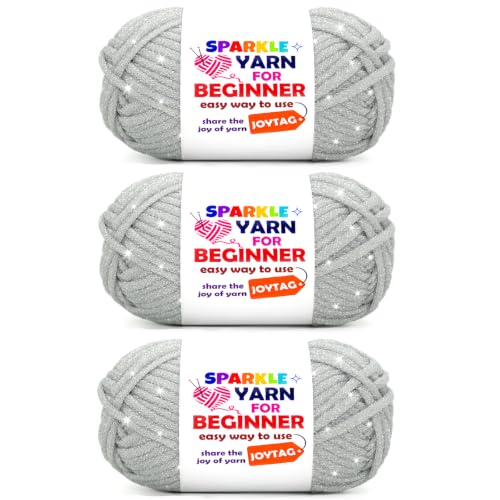 Image of 3 Pack Silver Grey Sparkle Yarn for Crocheting and Knitting,Silver Grey Metallic Glitter Crochet Knitting Yarn for Beginners with Easy-to-See Stitches Easy Yarn for Beginners Crochet Kit(3x50g)