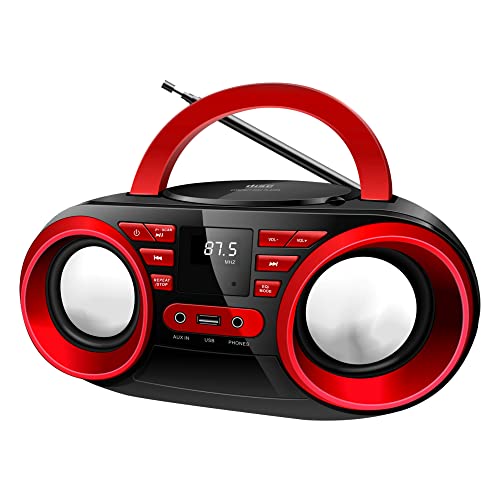 PyleUsa Portable CD Player Bluetooth Boombox Speaker - AM/FM Stereo Radio & Audio Sound, Supports CD-R-RW/MP3/WMA, USB, AUX, Headphone, LED Display, AC/Battery Powered, Red Black - PHCD22
