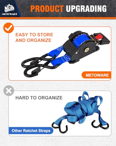 Image of METOWARE Retractable Ratchet Straps (4-Pack) - 1 in x 10 Ft (1500lb Break Strength) - Heavy Duty Auto Self Retracting Tie Down Straps for Truck, Trailer, Cargo Van, Motorcycle - Blue