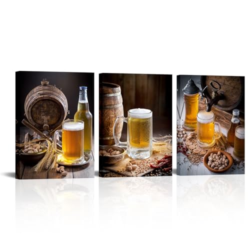 RnnJoile Wine Canvas Wall Art Beer Glasses and Barrel Print Pictures for Kitchen Dining Room Farmhouse Bar Decor Framed 12"x16" for Each