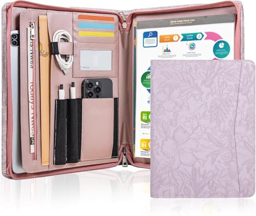 SUCCEWISHER Embossed PU Leather Portfolio for Women,Professional Organize 3-Ring Padfolio with A4 Notepad Holder,Professional Business Document Organizer for Women (Purple)