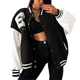 ORANDESIGNE Bomberjacke Damen Sweatjacke College Sweat Jacket Reißverschluss Übergangsjacke Teenager Mädchen Oversized Patchwork Jacke Vintage Druck Jacken Baseball Mantel Sport Jacke Z5 Schwarz XS