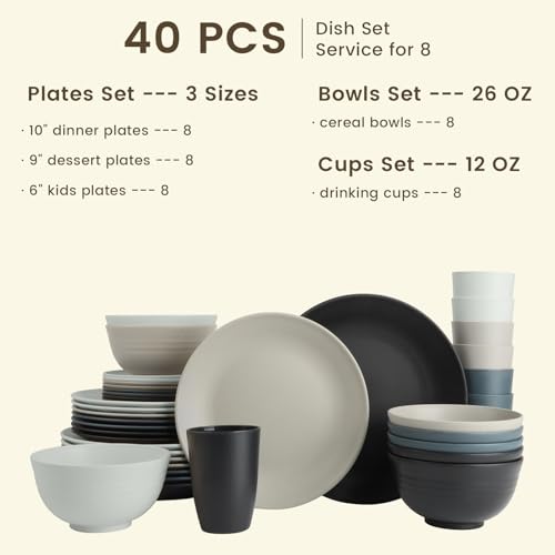Image of Homienly Premium 40 PCS Wheat Straw Dinnerware Set - Dinner Plates, Cereal Bowls, Unbreakable Cups Set, Microwave and Dishwasher Safe Dishes Set, Reusable Lightweight Dish Sets for Kitchen(Black Grey)