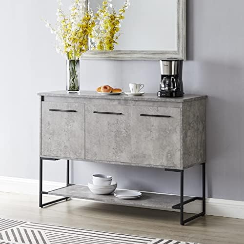 Home Source Classic Buffet Server | 47.6″ Dining Room Buffet with Concrete-Color Finish| Three Doors with Handles Wood and MDF
