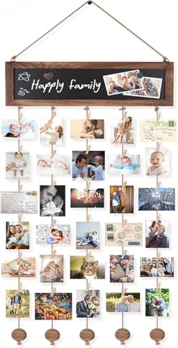 Picture Frames Collage Photo Hanging Display Picture Board Wood Rustic Frames for Wall Decor and Dorm Room Decor with Blackboard and 30 Clips Carbonized Black