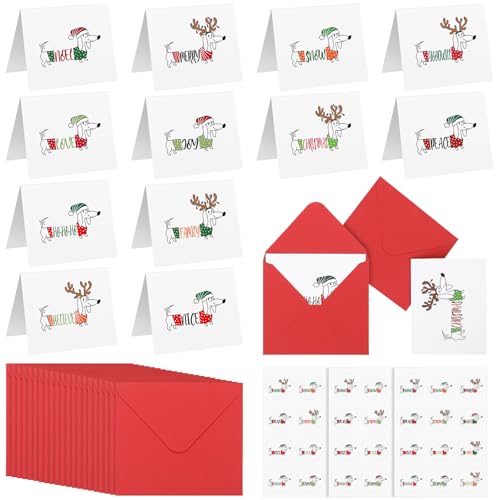 Motiskyy 36 Sets Dog Christmas Greeting Cards Set with Red Envelopes Round Stickers Puppy Hound Humor Holiday Greeting Cards Funny Christmas Items for Holiday Event Gifts