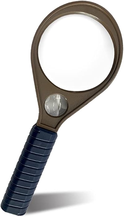 20 x & 10 x Handheld Magnifier Glass with Protective Sleeve, Small Reading Magnifying Glass with Non Slip Handle, Portable Hand Held for Seniors Students Exploring (65mm, Blue & Brown)