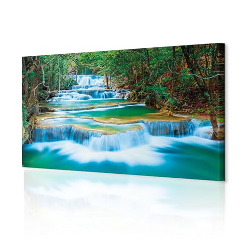 Peinture sur toile maison forêt et cascade bleu eau pour grand tableau décoration salon