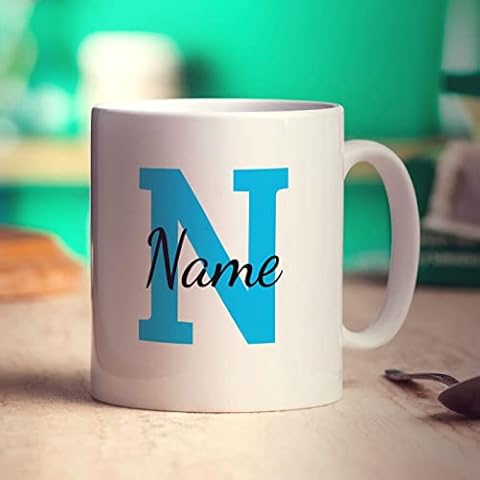 Printster Personalised Mug With Initial & Name - Custom Gift - Blue Cover