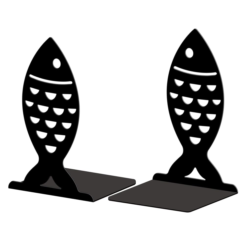 Peacoblue Metal Bookends for Shelves, Modern Decorative Heavy Duty Study Book Ends Stoppers for Office, Desk, Shelf, Room 13 * 11 * 20CM Cast Iron Simple Tall Bookends 1 Pair (Simple Fish) โ image 1