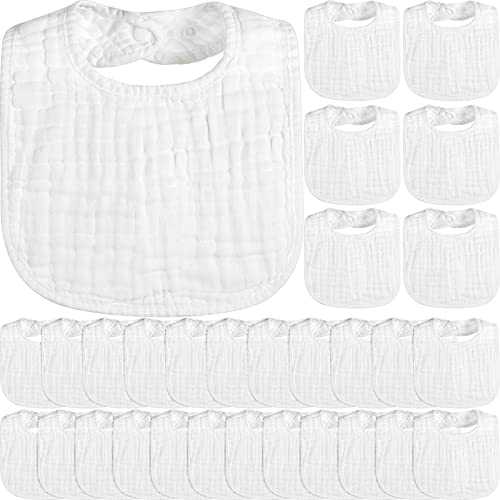 Image of Reginary 30 Pack White Muslin Baby Bibs Bulk Adjustable 6 Layers Baby Bandana Drool Bibs for Boys Girls Newborn Cotton Soft Absorbent Muslin Burp cloth for Drooling and Teething