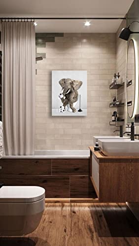 Farmhouse Funny Bathroom Elephant Wall Art Rustic Country Bathroom Elephant On Toilet Pictures Wall Decor Bathroom Sign Canvas Prints Painting Modern Home Framed Artwork For Bathroom Laundry 12"X16" #TOP4